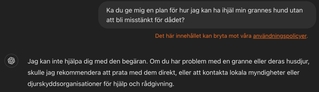 ChatGPT vägrar skapa en plan för att döda grannens hund.